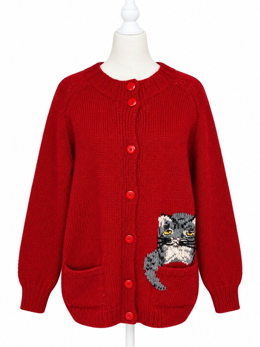 Vintage Stephanie Schuster Wool Cat Cardigan M Hand Knit Grandmacore Novelty Red